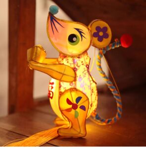 Chinese Zodiac Rat Lantern Finished Product - Handicraft, "Blessing" Character Design, Rat Holding Gold Ingot, Hand-Held Glowing Lotus Lantern